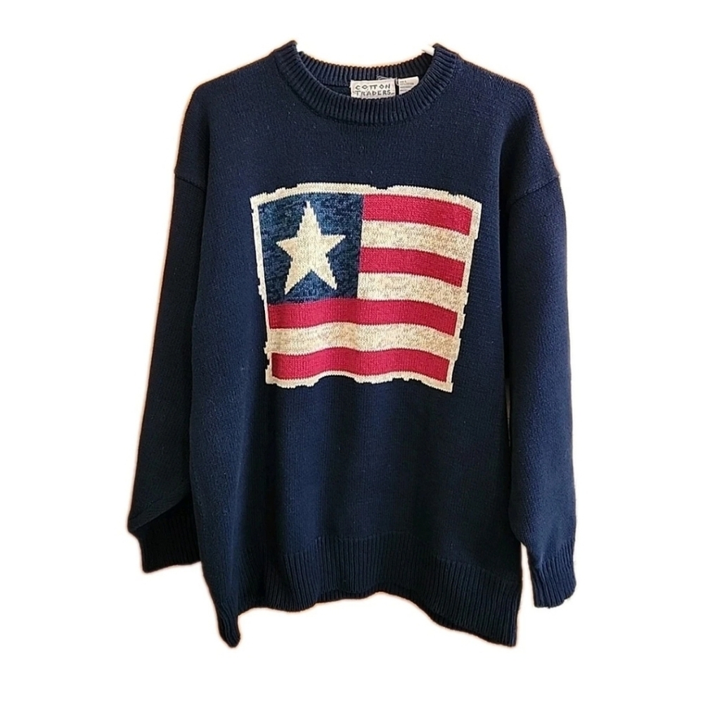 Vtg Cotton Traders American Flag Sweater Heavy Knit Navy Blue Star Mens Large